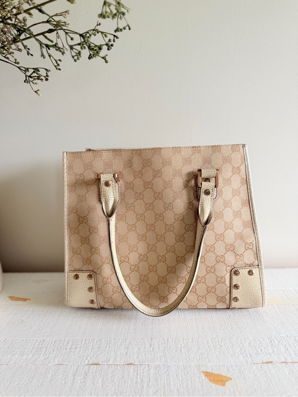 Gucci Beige Monogram Canvas Tote with Gold Trim